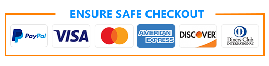 Secure checkout with PayPal, Visa, Mastercard, American Express, Discover and Diners Club